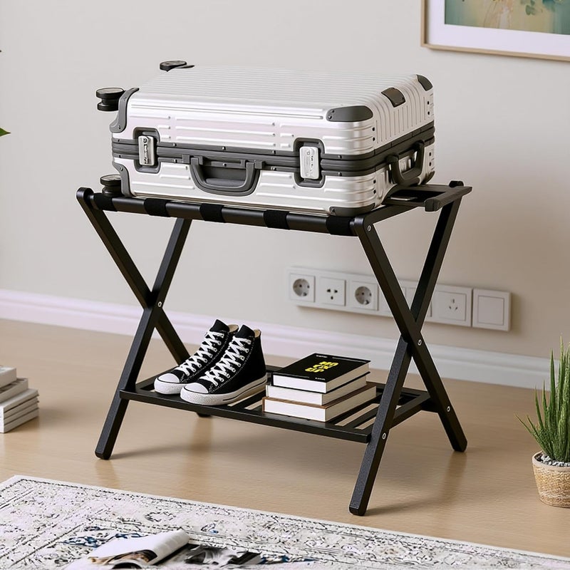 GAOHAPY Bamboo Luggage Rack with Shoe Shelf Folding Suitcase Stand with 5 Heavy-Duty Straps for Guest Room Living Room Hotel Ideal Luggage Holder for Suitcases Bags Shoes,Black - Image 5